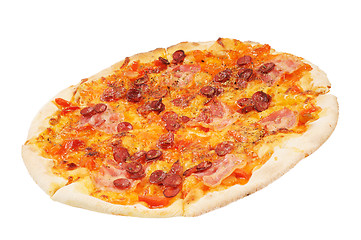 Image showing A whole pizza  with  sausage  and bacon