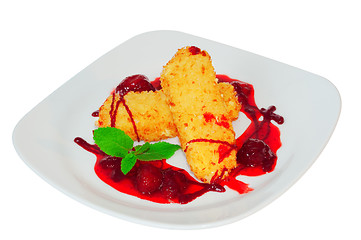 Image showing Cheese sticks in strawberry sauce on a plate