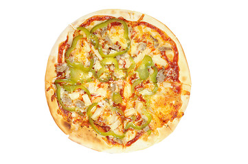 Image showing Pizza with  cheese, meat, pepper  and  ketchup