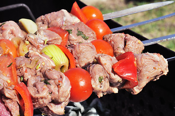 Image showing Kebabs, threaded on a skewer