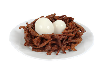 Image showing Meat sticks decorated in the form of bird nest