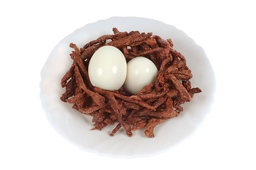 Image showing Meat sticks decorated in the form of bird nest