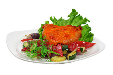 Image showing Fried chicken on a plate with vegetables