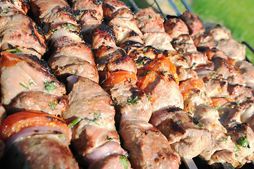 Image showing Kebabs, threaded on a skewer
