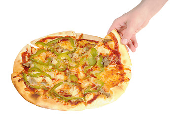 Image showing Pizza and slice of pizza in hand