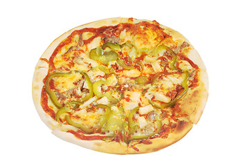 Image showing Pizza with  cheese, meat, pepper  and  ketchup