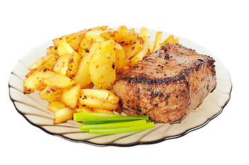 Image showing Grilled meat and  fried  potatoes  on a plate