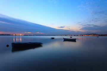 Image showing Sunset on the Tejo river.