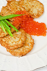 Image showing pancakes with red caviar