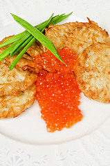 Image showing pancakes with red caviar