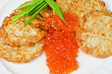 Image showing pancakes with red caviar