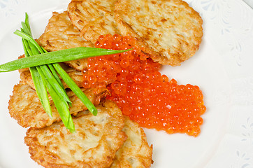 Image showing pancakes with red caviar