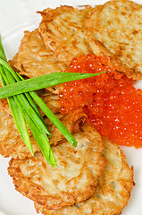 Image showing pancakes with red caviar