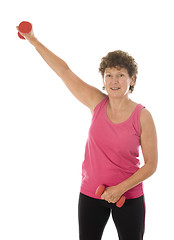 Image showing senior middle age woman exercising with dumbbells 