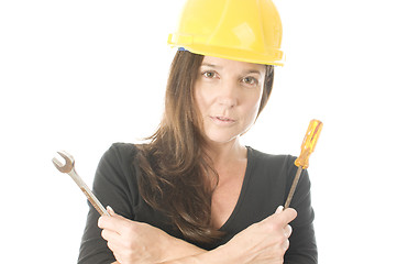 Image showing female worker carpenter builder with tool belt and hard hat helm