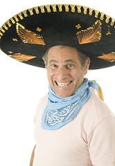 Image showing middle age senior tourist male wearing Mexican somebrero hat cow