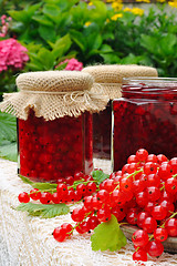 Image showing Jars of homemade red currant jam with fresh fruits