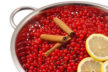 Image showing Red currant berries and ingredients for making jam