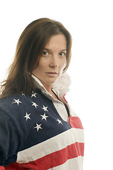 Image showing cute middle age woman patriotic American flag rugby shirt