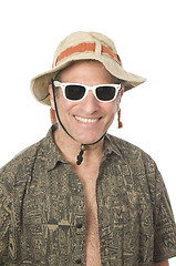 Image showing senior tourist wearing funny hat sunglasses