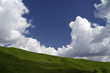 Image showing Green grass and blue sky with clouds