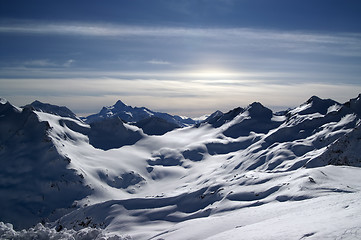 Image showing Caucasus Mountains. View from Elbrus in evening.