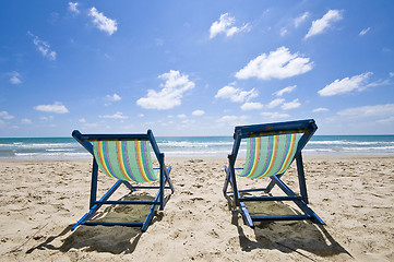 Image showing Sunbeds on the beach