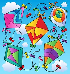 Image showing Various flying kites on blue sky