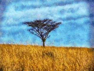 Image showing Single Thorn Tree in Grass Field Painting