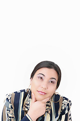 Image showing thoughtful woman looking up isolated over white background