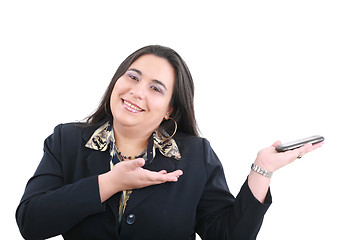 Image showing business woman presenting something on hand isolated on white 