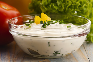 Image showing Delicious cream cheese with chives and vegetables