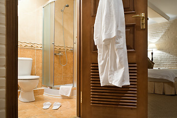 Image showing  WC, bathrobe, shower cubicle.