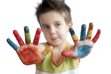 Image showing Children colored hands. Little boy hands.