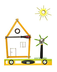 Image showing House with tree and sun made of tools for building.