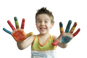 Image showing Children colored hands.Arms stretched forward.