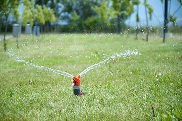 Image showing Sprinkler watering the green grass 