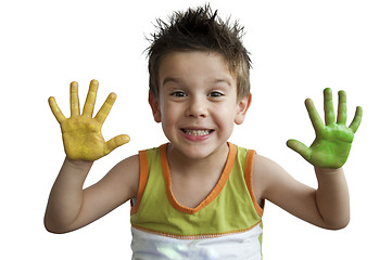 Image showing Children colored hands. Little boy hands.