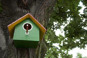 Image showing Home-made bright colored bird house 