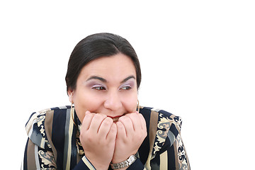 Image showing Head shot of worried woman over white background 