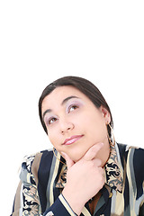 Image showing Portrait of a smiling thinking woman looking on copyspace 