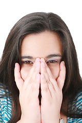 Image showing Young businesswoman covering her mouth with hands 