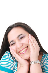 Image showing happy young woman smiling, isolated over white background