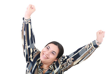 Image showing happy attractive young girl with her hands up 