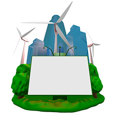 Image showing Abstract: wind-turbines, building and billboard