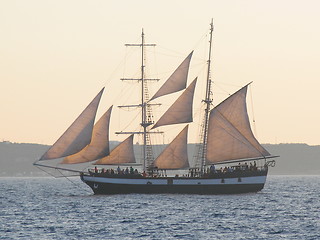 Image showing Sailing boat in sunset