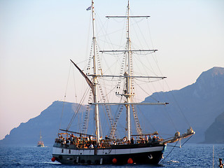 Image showing Sailing boat in sunset