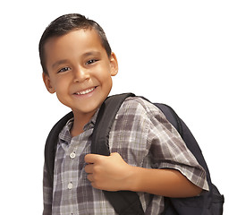 Image showing Happy Young Hispanic Boy Ready for School on White