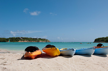 Image showing Kayaks on beach