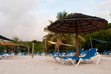 Image showing Beach chairs and umbrella